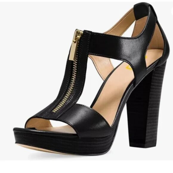 FSJ Black Peep Open Toe T-Strap Front Zipper Chunky Stacked High Heel Sandal - Picture 1 of 8